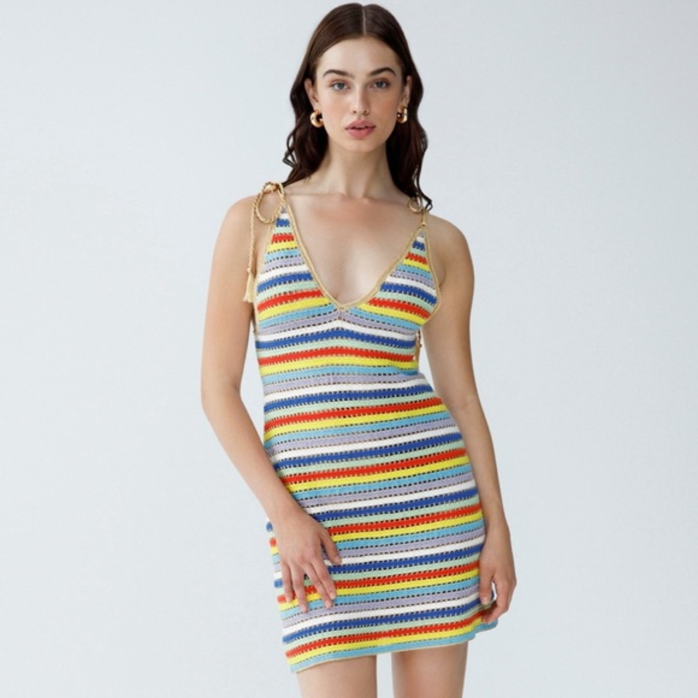 NWT My Beachy Side V-neck Ali Strappy Crocheted Mini Dress Multicolor Small